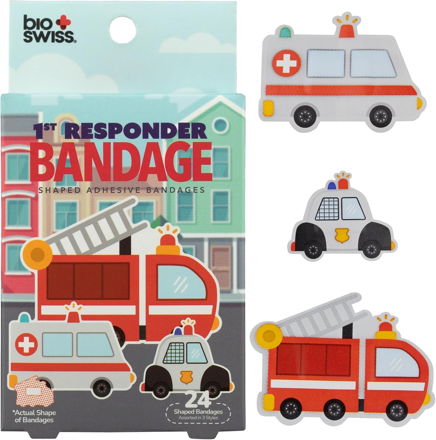 BioSwiss Bandages, First Responders Shaped Self Adhesive Bandage, Latex Free Sterile Wound Care, Fun First Aid Kit Supplies for Kids and Adults, 24 Count