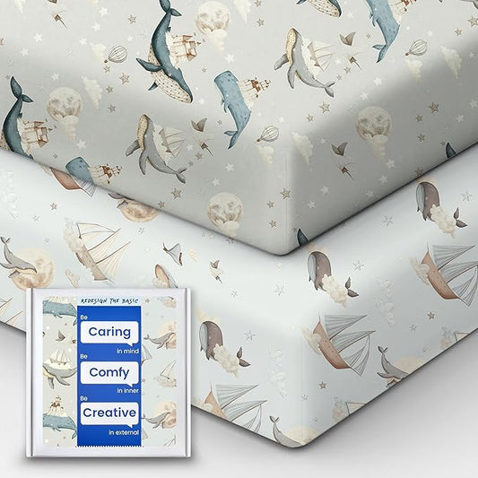 Premium Fitted Baby Boy Crib Sheets for Standard Crib Mattress - Ultra-Soft Jersey Knit Crib Mattress Sheet, Safe and Snug, Durable, Stylish Crib Sheet, 28''x52''x9'' Extra Deep Pocket (Whale Dreams)