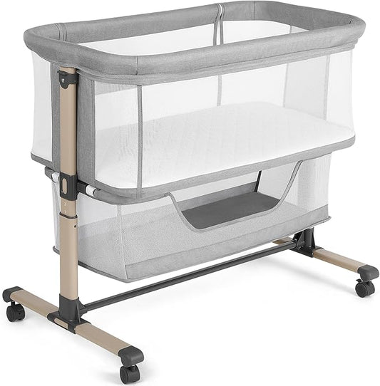 Cowiewie Bassinet Bedside Sleeper, Portable, Breathable, Adjustable Baby Bedside Bassinet for Peaceful Nights, Light Grey