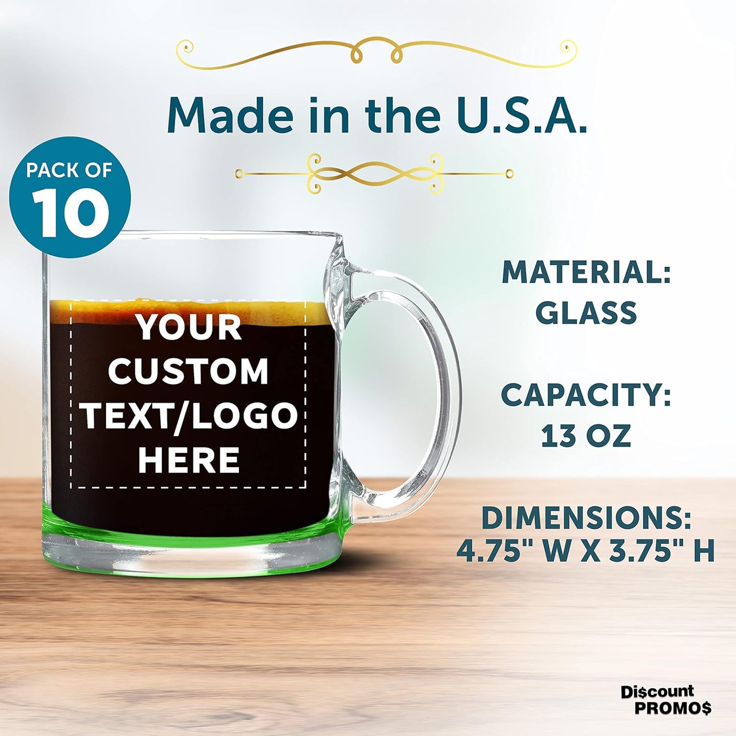 Custom Libbey Clear Glass Coffee Mugs 13 oz. Set of 10, Personalized Bulk Pack - Perfect for Coffee, Tea, Espresso, Hot Cocoa, Other Beverages - Green Bottom