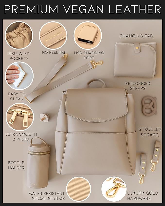 MIA + SOPHIA Leather Diaper Bag Backpack with USB Charging port, Changing Pad, Stroller Straps, and Bottle Holder (Beige Olivia)