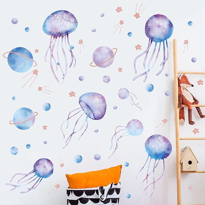 Starry Sky Jellyfish Wall Sticker Glow in The Dark Wall Stickers Stars Fluorescent Green Luminous Wall Decals DIY Peel Stick Art Decor for Walls Ceiling Kids Bedroom Living Room Nursery Girls and Boys(Green)