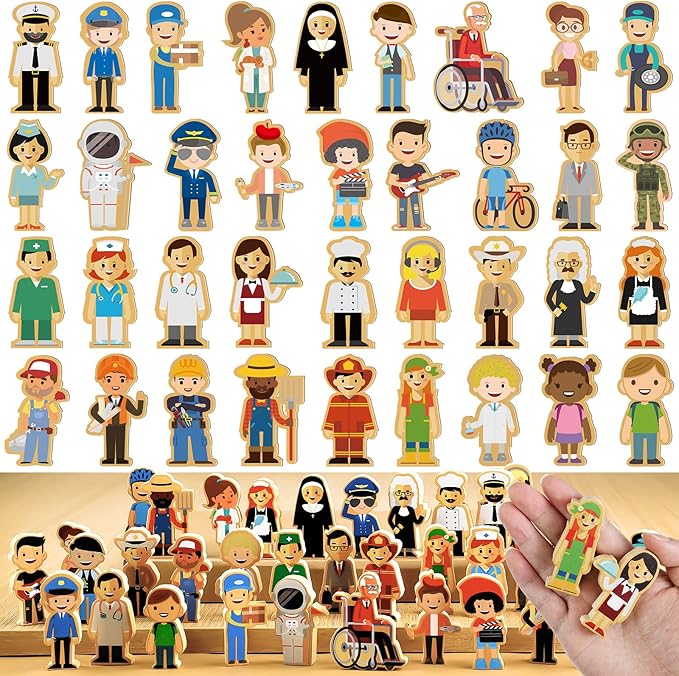 Kathfly 36 Pcs Wooden Community Helpers Community Wooden Toy Preschool Little Professionals Block Character Set Multicultural Career Figurines Creative Play Social Emotional Learning Wood People Toy