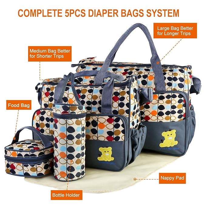 5PCS Diaper Bag Tote Set for Baby Essentials – Large Baby Bags for Mom, Waterproof Maternity Bags with Bottle Bag, Food Bag & Changing Pad (Gray)