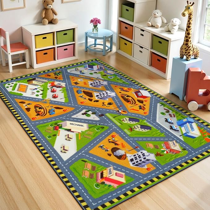 STARUIA Kids Cars Rug for Playroom, 3x5 Car Rugs for Kids Toy Cars, Non-Slip City Road Map Play Rug for Boys Bedroom, Educational Toddler Carpet Play Mat for Classroom Nursery Daycare (39"X59")