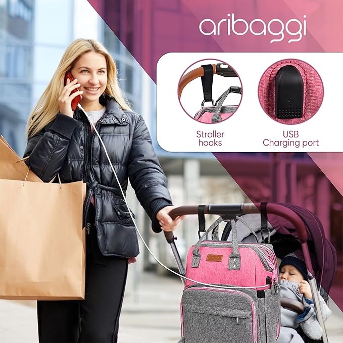 Grey Pink Baby Diaper Bag Backpack with Changing Station for Boy & Girl, Multifunction Large Diaper Bag Backpack for Mom, waterproof travel diaper bag for women, pañaleras para bebe niña