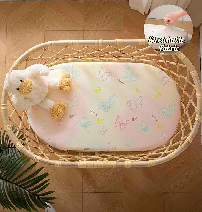 SDY Butterfly Bassinet Sheets Set 2 Pack for Boys Girls，Elastic Travel Crib Fashionable Floral Pattern, Standard Cradle Safe Sheets Set 32 * 16 * 4 inches (Butterfly)