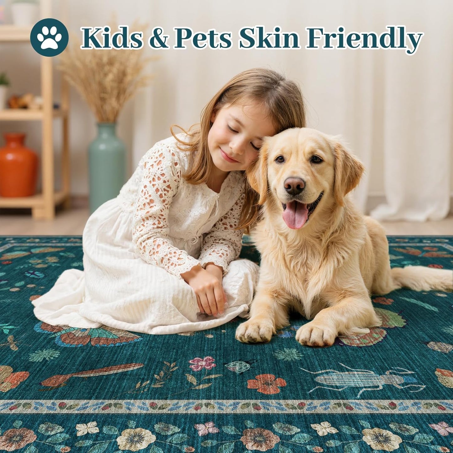 6x9 Rugs for Living Room with Insect Print - Bug Rug Non-Silp Stain Resistant Soft Carpet for Bedroom, Low Pile Ultra-Thin Machine Washable Carpet for Dining Room, Kids Nursery, Office (6'x9' Teal)