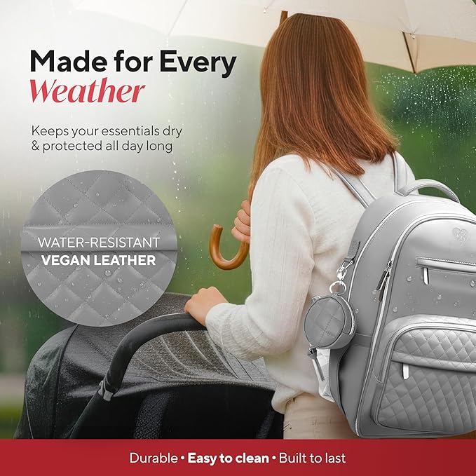 Award-Winning Premium Leather Diaper Bag Backpack – Stylish, Durable, Waterproof Vegan Leather with PEVA Changing Pad & Baby Headrest, Travel-Friendly, Organized for Busy Parents