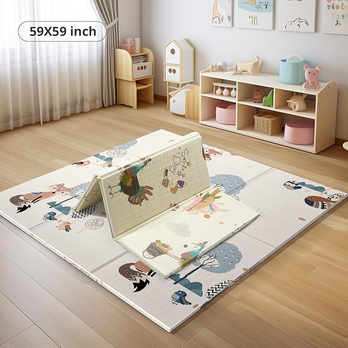 Baby Play Mat, 59" X59 " Extra Large Foldable Baby Mat for Playtime and Tummy Time, Thick Foam Play Mat for Baby, Waterproof, Reversible Portable Playmat for Babies and Todders, Indoor&Outdoor Use
