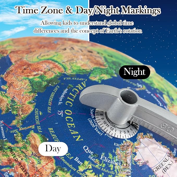 12" Illuminated World Globe, Desktop Globe with Raised Relief, LED Lights, Time Zone & Non-Slip Wooden Base, Geographic Terrain Globes for Decoration & Living Room (Navy)