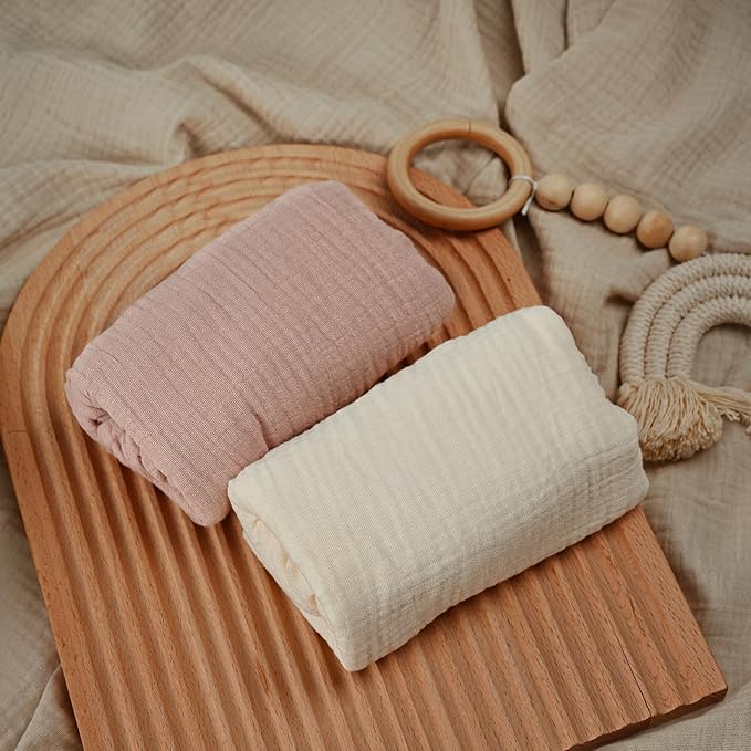 Muslin Bassinet Fitted Sheets, 2 Pack for Baby Boy and Girl, Soft Breathable Stretchy Baby Pad/Mattress Sheet Set, Universal Fit for Hourglass Oval and Rectangle Bassinet Mattress (Gentle Colors)