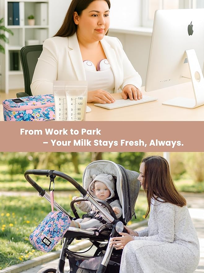 Breast Milk Cooler Travel Bag, Real-Time Temperature Display, Holds 4-6 Breastmilk Storage Bag with 2 Breast Milk Ice Pack, Cooling & Waterproof Portable Cooler for Moms on The Go(Pink Flower)