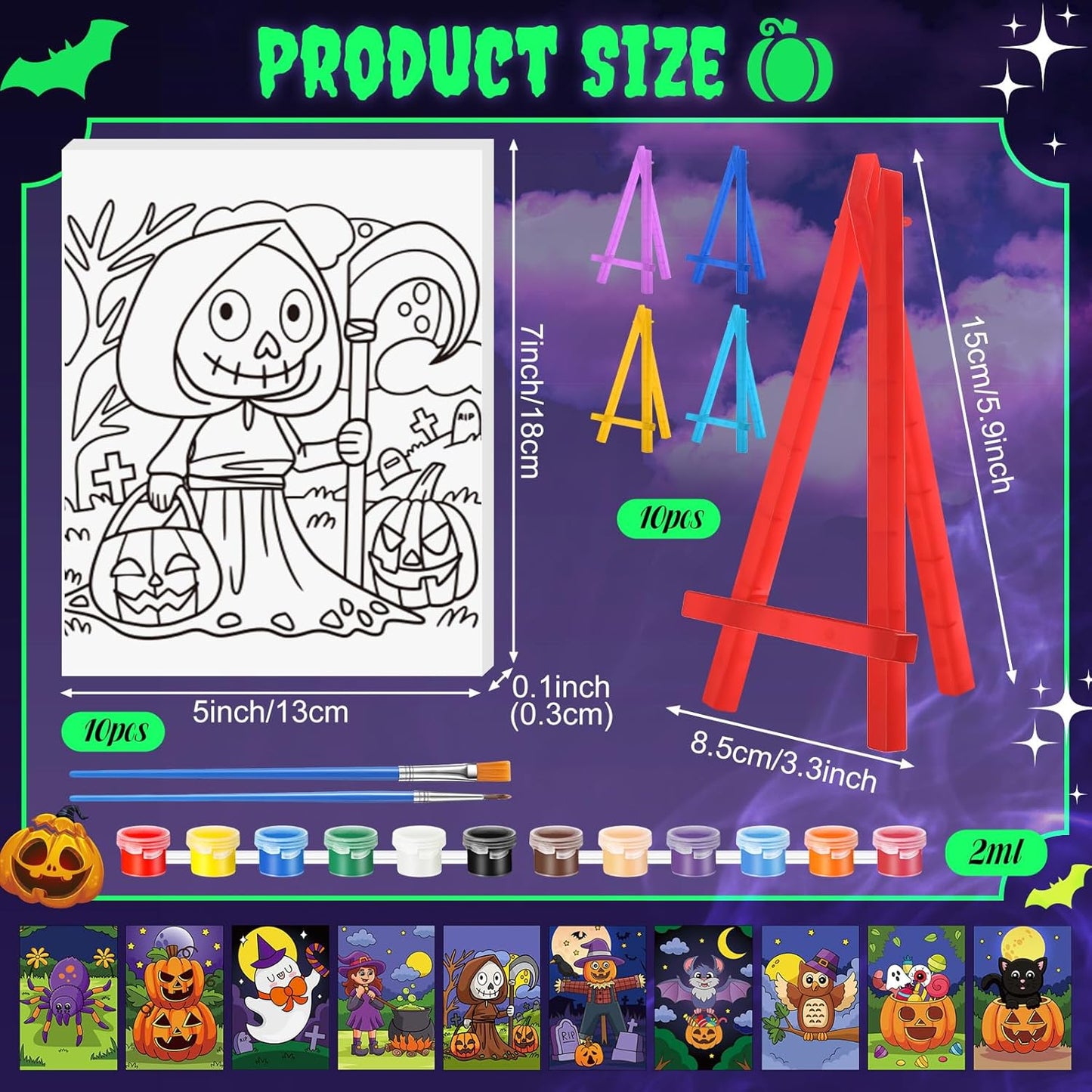 Blosssound 10 Set Pre Printed Canvas Pre Drawn Canvas Painting with Easel Kits 5" x 7" Outline Painting Panels for Beginners, DIY Craft Project, Party Favor, Home Decors(Spider)