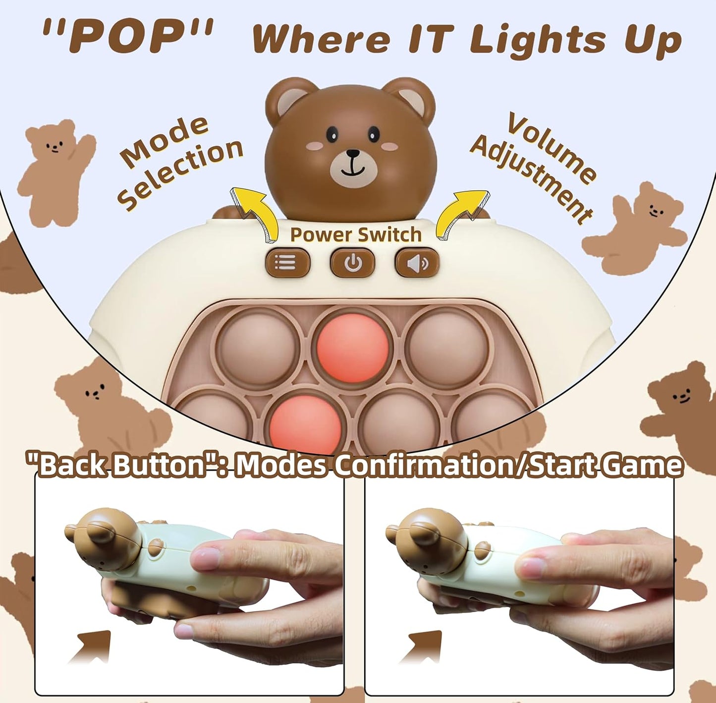 Quick Push Bubble Game Machine, Pop Game Puzzle Educational Console, Light Up Handheld Squeeze ADHD Stress Relief Fidget Toys for 3+ Boys Girls Kids Adults Birthday Christmas 4 Modes, Bear Animal