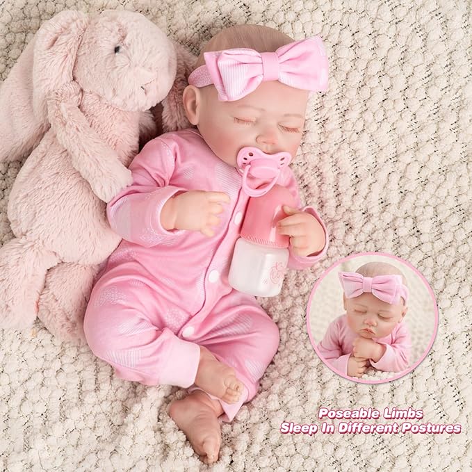 Jirachi Realistic Reborn Baby Dolls, Sleeping Baby Pink Girl Real Life Soft Cloth Body, 18 Inch Lifelike Reborn Baby with Feeding Accessories for Kids