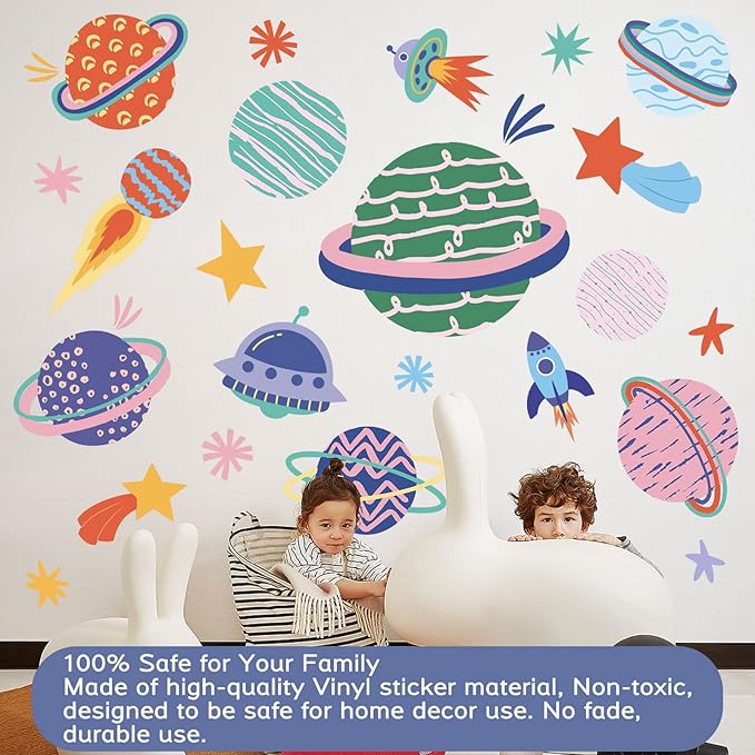 Large Space Wall Decal Stickers Rocket Spaceship Planets Wall Decals Planet Stars Wall Sticker Removable Vinyl Decals Solar System Galaxy Star Space Wall Decor for Nursery Kids Room Girls Boys Bedroom Wall Decor (Multicolor)