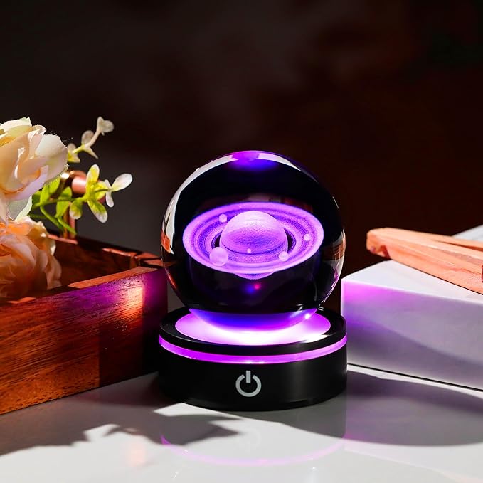 3D Saturn Model Crystal Ball Led Lamp Base - Space Decor World Globe Planets Sphere Night Light 80mm 3.15 Inch - Solar System Decor Best Birthday Astronomy Gifts for Men Physics Science Teacher