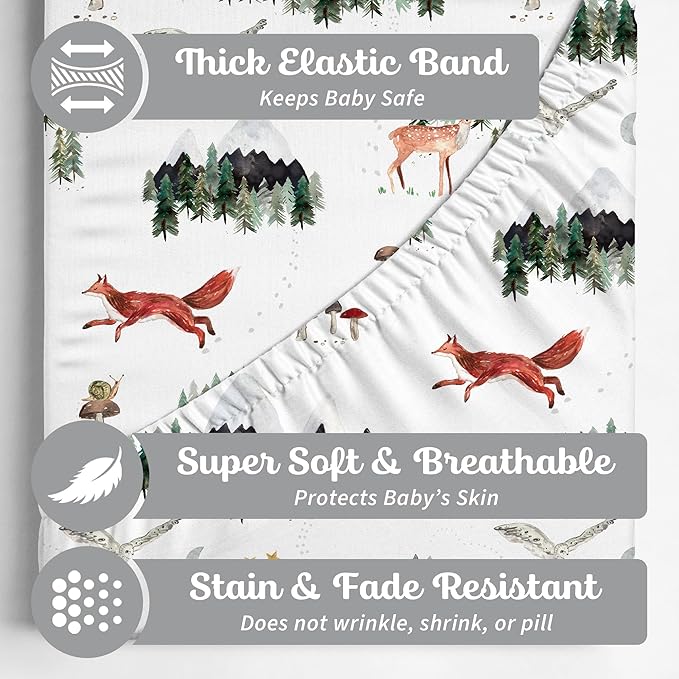 Baby Bassinet Sheets for Boy, Girl (Woodland Forest Animals) 2-Pack - Fitted Bedside Bassinet Sheets - Buttery Soft Cotton Blend for Standard Mattress Pad - Compatible with Halo BassiNest