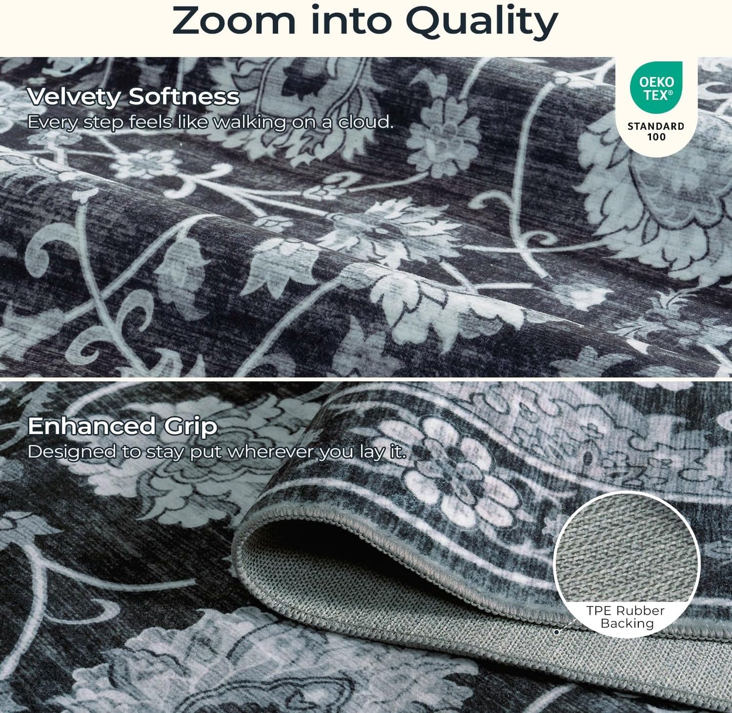 Black 9x12 Area Rug for Living Room, Washable Large Rugs, Vintage Floral Soft Carpet, Non Slip & Low Pile, Wool Carpets for Indoor Bedroom Dining Home Playroom Office Under Table, Black