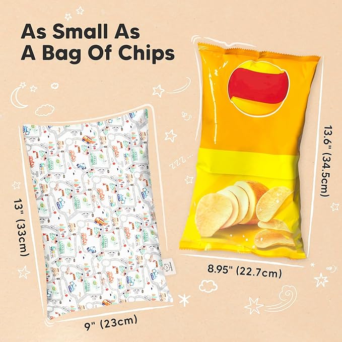 Mini Toddler Pillow with Pillowcase - 9x13 My Little Dreamy Travel Kids Pillow for Sleeping, Toddler Bed, Small, Tiny, Organic Cotton Pillowcase, Soft & Breathable, Kids 2-4 Years Old (Roadway)