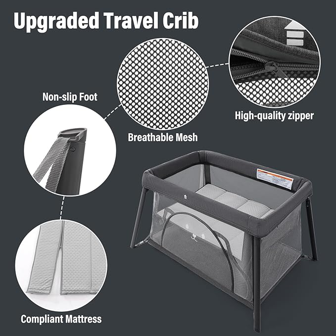 Travel Crib, Portable Crib for Baby, Pack and Play for Babies and Toddler, Lightweight Backpack Design,Foldable Travel Baby Playpen with Mattress(Dark Grey)