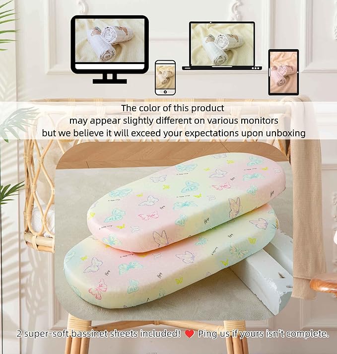 SDY Butterfly Bassinet Sheets Set 2 Pack for Boys Girls，Elastic Travel Crib Fashionable Floral Pattern, Standard Cradle Safe Sheets Set 32 * 16 * 4 inches (Butterfly)