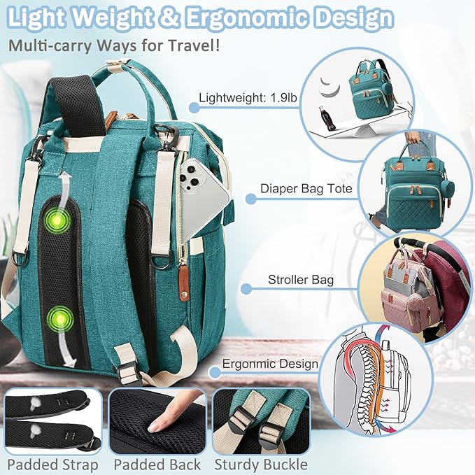 Diaper Bag Backpack Baby Bag, Baby Girl Boy Diaper Bag for Dad Mom with Pad, 16 Pockets, Pacifier Case, Large Diaper Bags Unisex for Travel (Green)