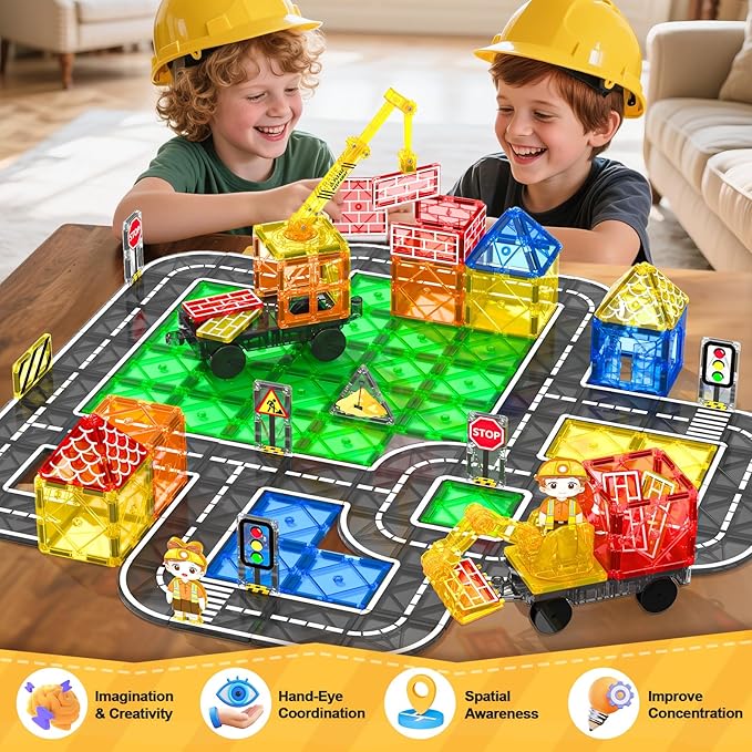 106PCS Magnetic Tiles Road Construction Set - STEM Magnet Building Blocks with Excavator & Crane - Educational Toys Games for Kids Ages 3-12 - Toddler Toys Gifts for Boys and Girls