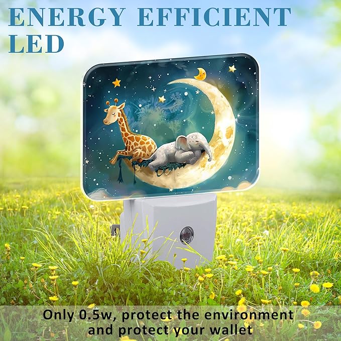 Cute Giraffe and Elephant Sleeping On Moon Night Light for Kids, LED Night Light Plug into Wall with Dusk to Dawn Sensor for Girls Boys Women Men Room, Hallway, Kitchen, Bathroom, Stairs Decor
