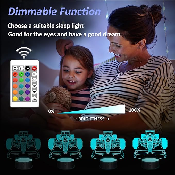 F1 Gifts for Boys Men, Formula 1 Racing Car 3D Illusion lamp Roadster Night Light for Kids Boys Bedroom Decor,16 Colors Changing Lighting Lamp with Remote Control