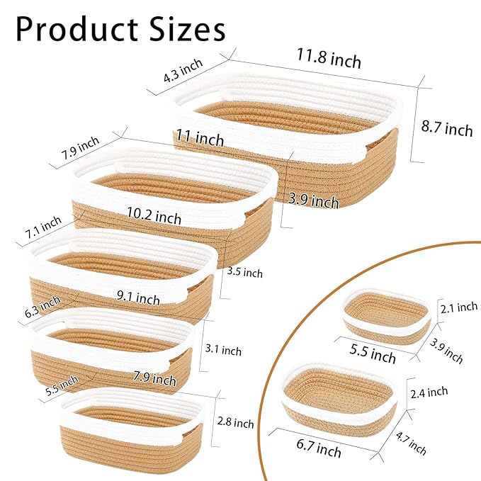 7 Piece Cotton Rope Woven Basket Set - Small Basket for Baby Nursery, Pets, Montessori, Dog & Cat Toy Boxes, Bathroom Organization Bins (White/Jute)