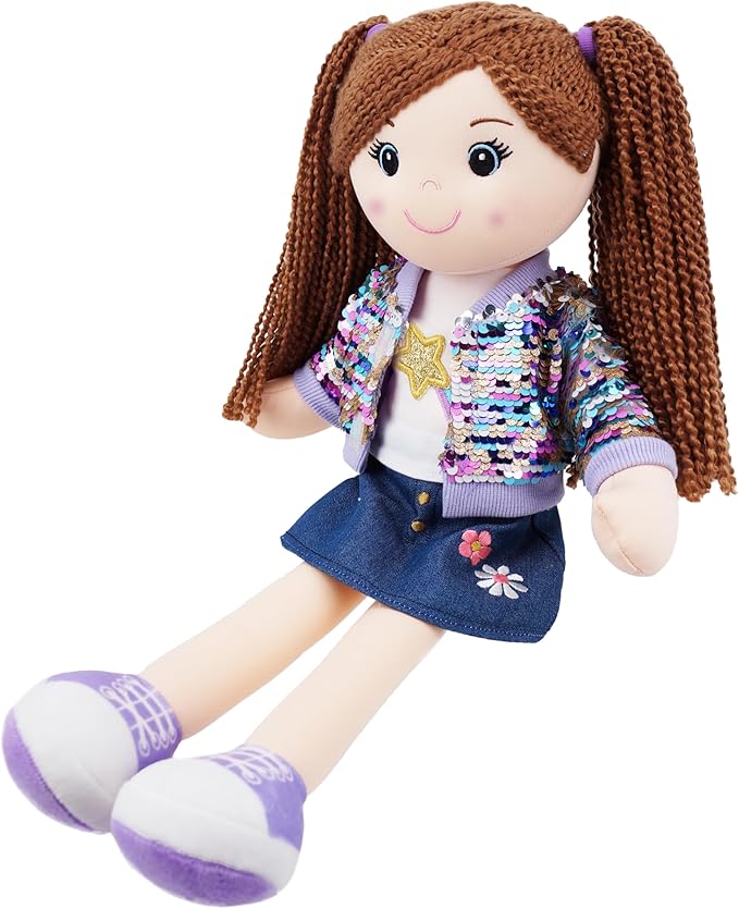 June Garden 18" Snuggle Cutie Sophie Glam - Soft Cuddly Plush Doll Gift for Girls - Huggable Rag Doll - Trendy Outfit L