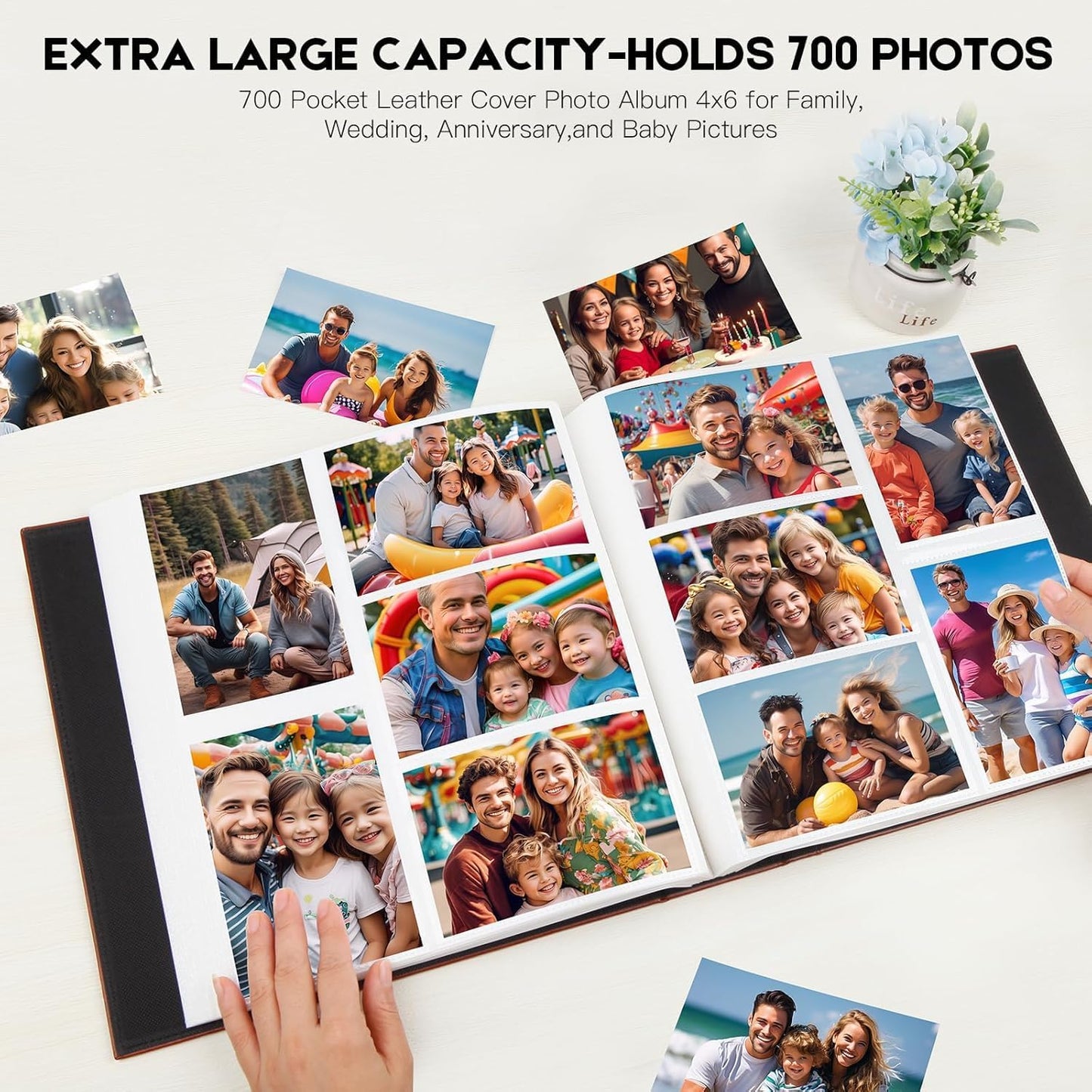 Aevdor 700 Pockets Photo Album 4x6, Extra Large Capacity Leather Cover Wedding Family Photo Albums Holds 700 Horizontal and Vertical Photos, Acid-free Pages 4x6 Photo Album with Front Window (Brown)