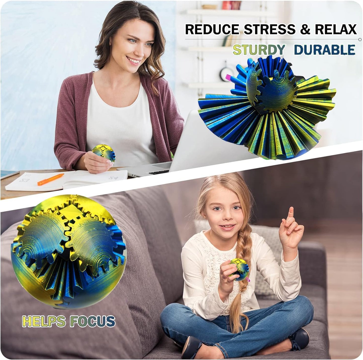 Gear Ball for ADHD 3D Printed Gear Ball Steampunk Whirling Wonder Fidget Toy Gearsphere Gear Ball for Stress and Anxiety Relaxing Fidget Ball Ideal for Sensory Needs and Autism (Laser Yellow Blue)