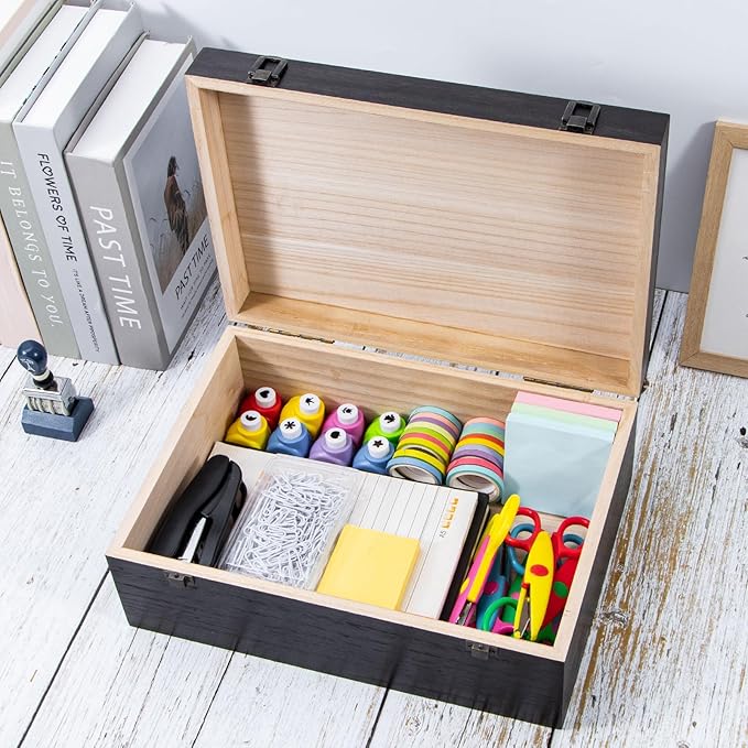 Black Wooden Storage Box with Hinged Lid and Front Clasp, 12.2''x8.6''x4.7'' Large Wooden Box, Wood Gift Boxes for Crafts Art Hobbies and Valentine's Day Decoration