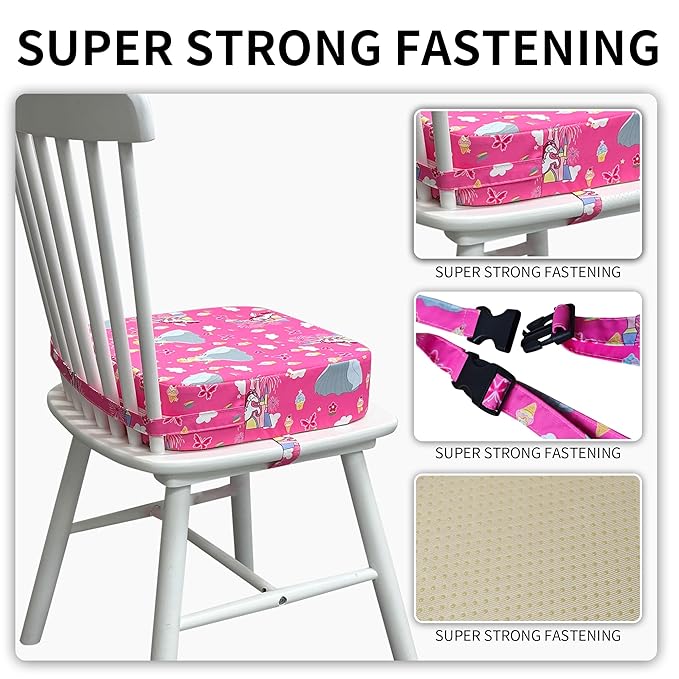 Toddler Booster Seat for Kitchen Chair, 3.5" Oxford Foam Cushion, Non-Slip Base, Adjustable Straps, Portable Dining Booster for Self-Feeding Toddlers at Home or on The Go (Pink Castle)