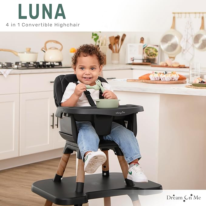 Dream On Me Luna 4-in-1 Convertible Baby High Chair in Black, Transforms into Booster, Toddler Seat & Table Set, Adjustable and Removable Tray Portable High Chair