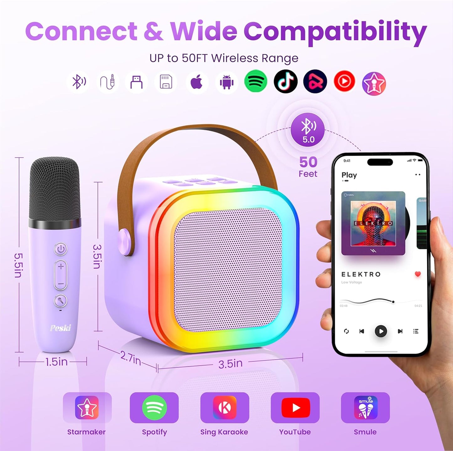 Karaoke Player, Karaoke Machine for Adults, Portable Bluetooth Mini Karaoke Microphone Singing Speaker Player with 2 Wireless Mic, All Smartphones,Birthday, Family,Home Party(Purple)