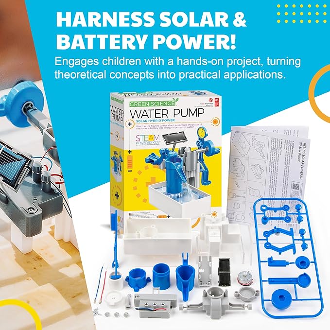 Green Science - Hybrid Solar Power Water Pump - Dual Power STEM Toys Educational Kit for Kids - Solar and Battery Operated Pumping System - Solar Robot - DIY Science Experiment Toy for Learning & Fun