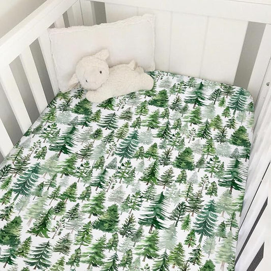 Watercolor Green Pines Baby Crib Sheet 52''x28'' Pine Trees Snug Fitted Crib Mattress Cover for Boy Girl Winter Soft Baby Bed Sheet for Standard Crib and Toddler Mattresses