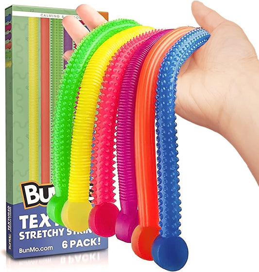 BUNMO Stretchy Strings - Sensory Toys for Toddlers 1-3 - Stimulating & Addictive Sensory Toys for Kids with Autism - Fidget Toy for Anxiety & Stress Relief - Hours of Fun for Kids - Textured 6pk