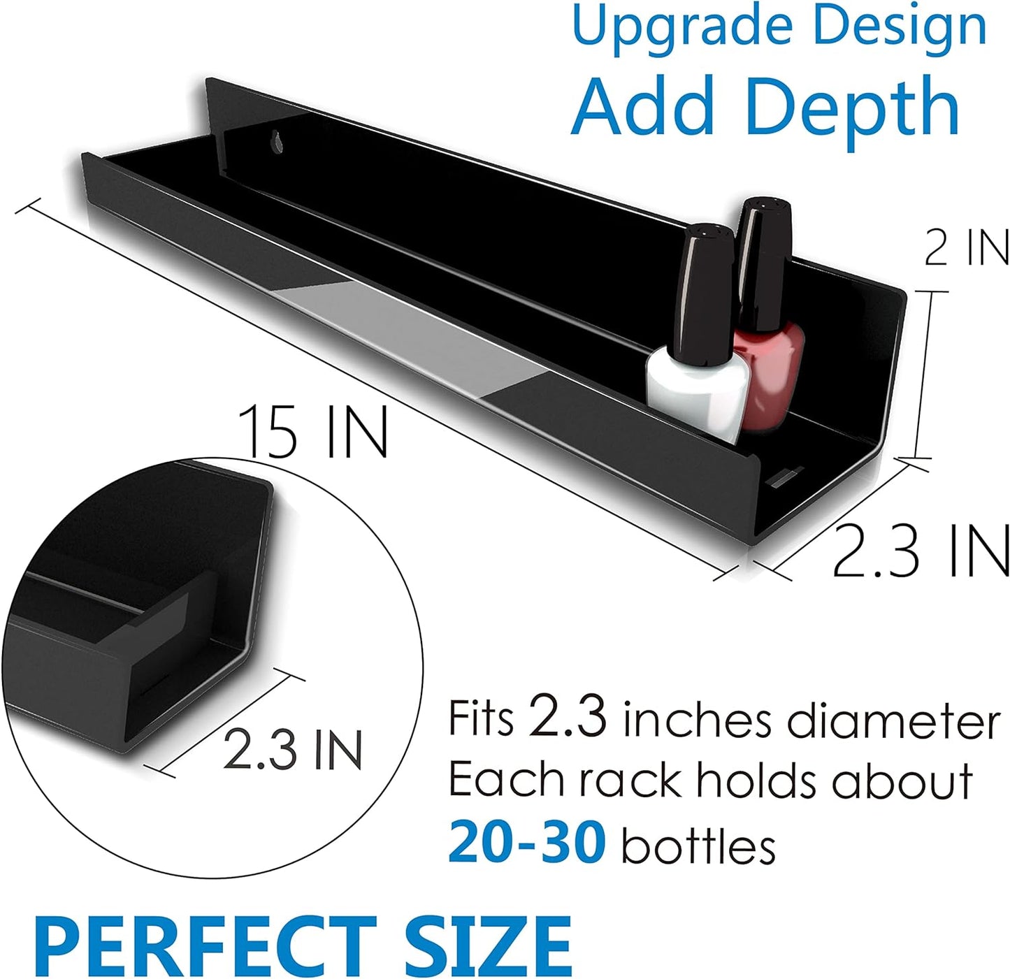 4 Pack 15 Inch Black Acrylic Shelves, Black Kids Floating Bookshelf for Kids Room, Modern Nail Polish Rack Sunglasses Essential Oil Picture Ledge Display Toy Storage Wall Shelf