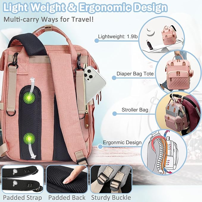 Diaper Bag Backpack Baby Bag, Baby Girl Boy Diaper Bag for Dad Mom with Pad,16 Pockets, Pacifier Case, Large Diaper Bags Unisex for Travel (Orange Pink)