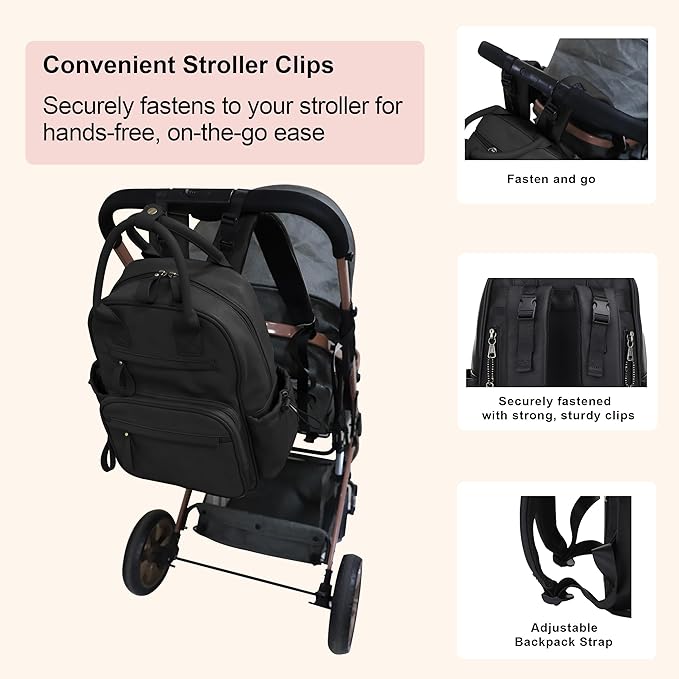 JESSIE & JAMES Saturday EDC Diaper Bag Backpack Multi Function Diaper Bag with Changing Pad & Stroller Straps_Black