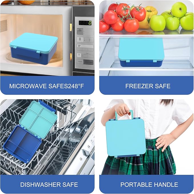 Bento Lunch Box with 8oz Soup Thermo, Kids Leakproof Lunch Food Containers with 4 Compartment, Kids Thermo Insulated Hot Food Jar for School, Trvael（Blue