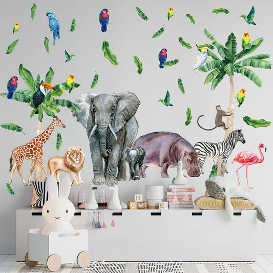 Safari Animal Wall Decals for Kids by Lipastick-Peel and Stick Jungle Stickers Giraffe, Elephant, Hippo, Palm Tree, Parrot for Toddlers Room, Nursery, Playroom, Classroom, Daycare Decor Art- L Size