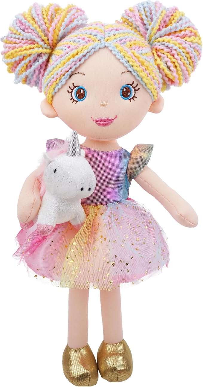 June Garden 15" Playmate Buddies - Plush Doll Zoey with Her Stuffed Animal Companion Unicorn Sparkle for Kids 1 Year and Up