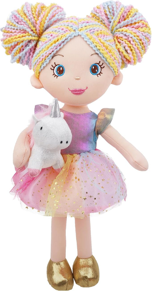 June Garden 15" Playmate Buddies - Plush Doll Zoey with Her Stuffed Animal Companion Unicorn Sparkle for Kids 1 Year and Up