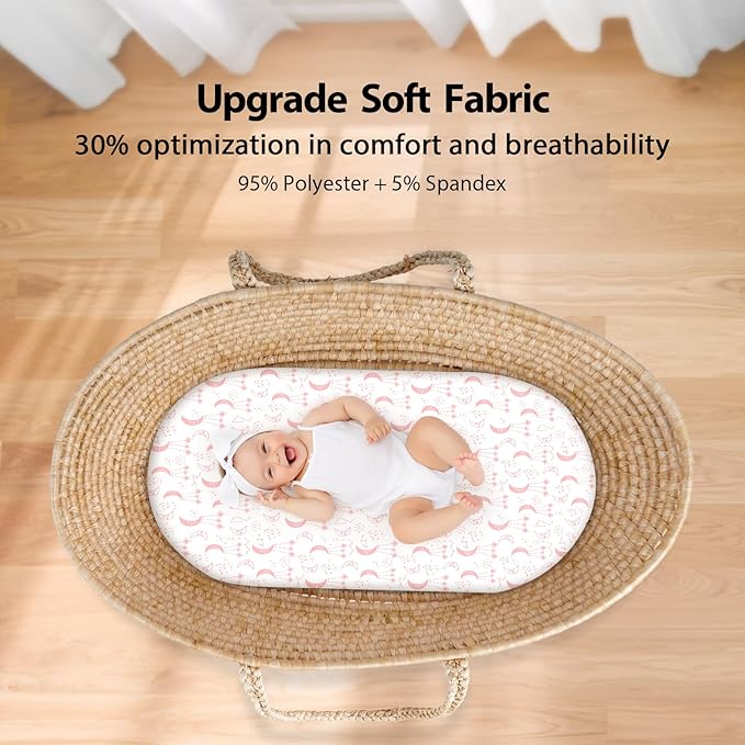 Baby Bassinet Sheets Girl Boy, Fitted Bassinet Sheet Set 3 Pack Bassinet Mattress Sheets Universal Fit for Rectangle, Round, Oval, Hourglass Mattress, Soft Breathable Pink White Moon